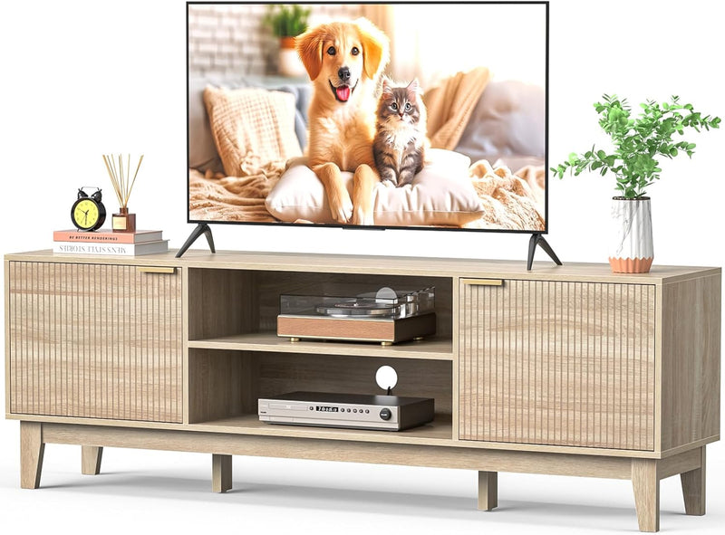 70" TV Stand Room, Fluted Mid-Century Modern TV Console for TVs up to 80 inch, Farmhouse Entertainment Center with 2 Storage, Media Console Table Room, Oak G9630