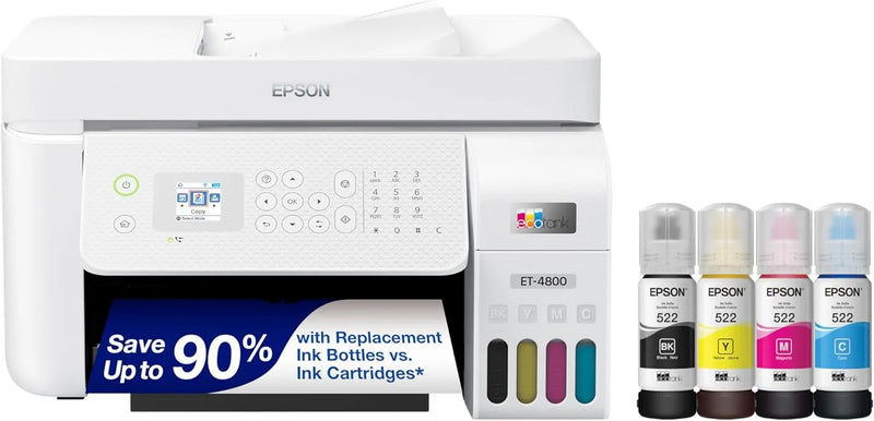 Epson EcoTank ET-4800 Wireless All-in-One Inkjet Printer, Scanner, Copier, Fax, ADF, Ethernet, White Q2470