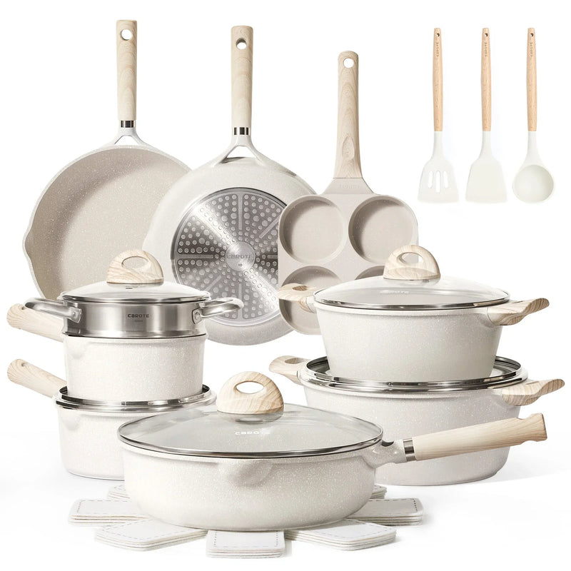Carote Non Stick Pots and Pans Set, 21 Pcs Induction Kitchen Cookware Sets (Beige Granite) U0848