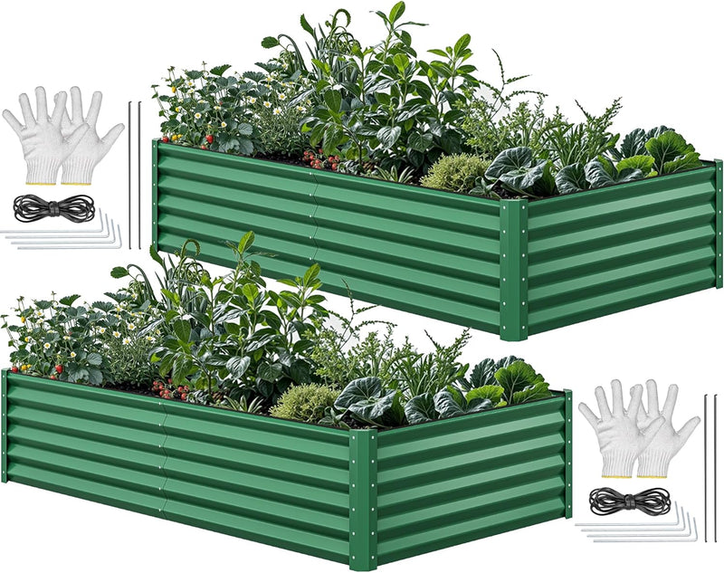 8x4x2ft 2pcs Large Raised Garden Bed Kit, Galvanized Metal Planter Box with Gloves, Ground Nails & Safety Rubber, Outdoor Above Ground Planters for Plants Vegetables Flowers, Green A5234