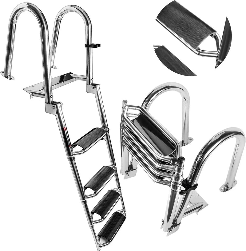 4 Steps Telescoping Boat Ladder Reinforce Dock Ladder Heavy Duty Swim Deck Ladder with Hand Railings and Extra Wide Steps P3864
