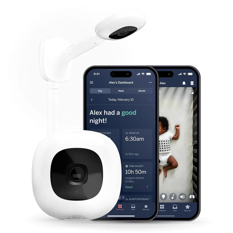 Smart baby monitor and wall-mounted device - 1080p security Wi-Fi video camera, sensor-free sleep and breathing motion tracker, two-way audio, sound and motion alerts, night vision function, breathing band - white O8524