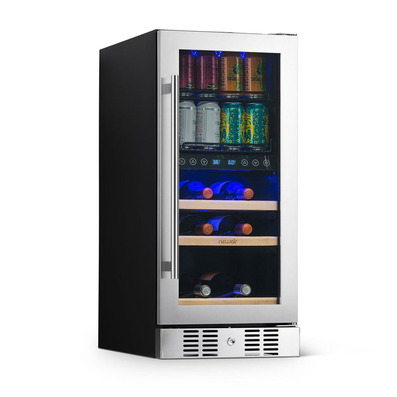Newair 15 Dual Zone Beverage Cooler with Removable Beech Wood Shelves, Stainless Steel C4515