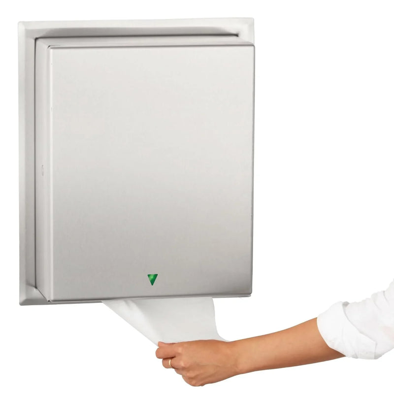 Automatic roll towel dispenser, semi-integrated design, matte stainless steel material, adjustable sensor, LED light guide, no contact operation, AC adapter/battery power supply, universal roll towel compatibility Y7271