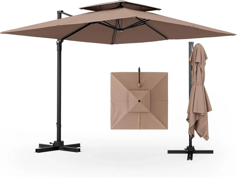 9.5-foot cantilevered patio umbrella, outdoor square offset umbrella, 360° rotatable, double-structured heavy-duty patio hanging umbrella, with cross base, suitable for gardens, patios, swimming pools and backyards. F5799