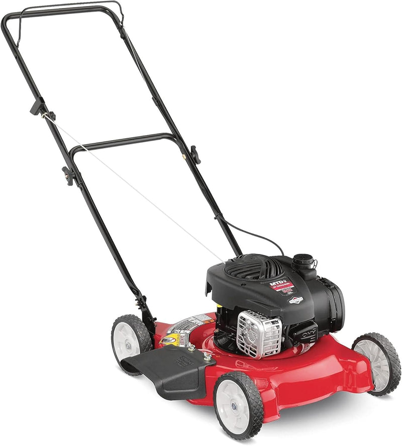 20-inch steel cutting deck, side-discharge gasoline-powered push lawn mower, with engine oil, available in red and black, suitable for outdoor yards. H0788