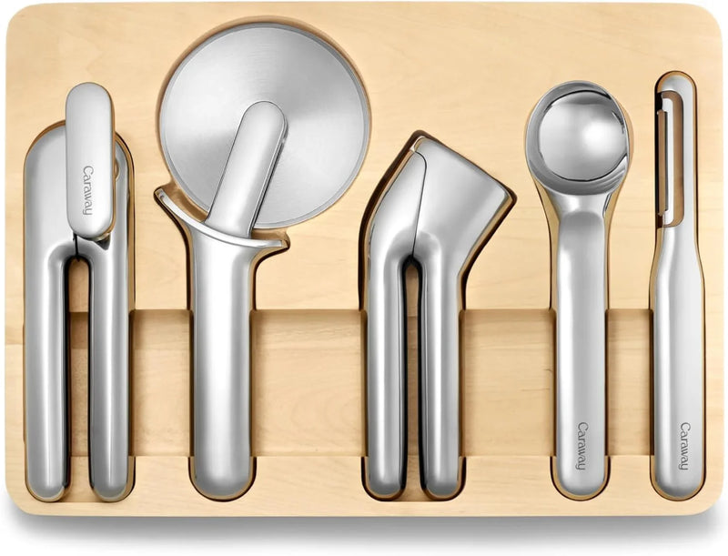 Kitchen Tool Set - Five-piece essential kitchen items - Made of stainless steel - Includes can opener, pizza cutter, garlic press, ice cream scoop, vegetable peeler and storage organizer box Q1027