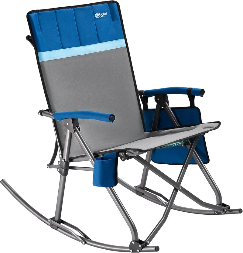 Large-sized foldable rocking chair-style camping chair. Portable outdoor rocking chair, equipped with a high back and sturdy armrests. The carrying bag can bear a weight of 300 pounds. The back of the seat has padding. The color is blue. R2525