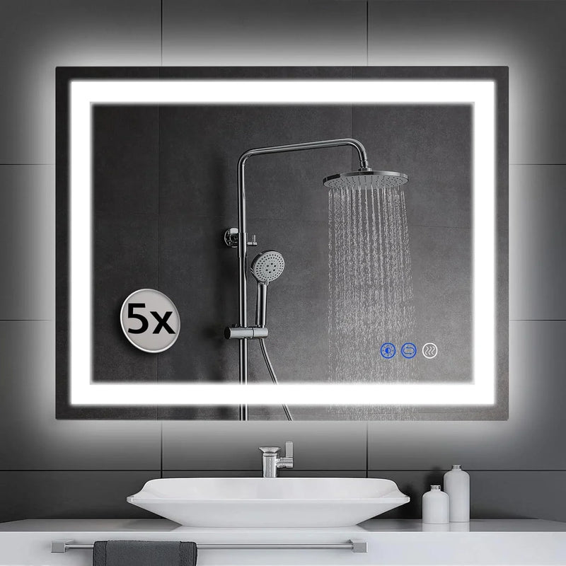 LED wall-mounted makeup mirror with lights - suitable for wall-mounted large makeup tables. Features intelligent touch buttons, anti-fog, water resistance, adjustable dimming, color adjustment, and magnifying glass function. D1358