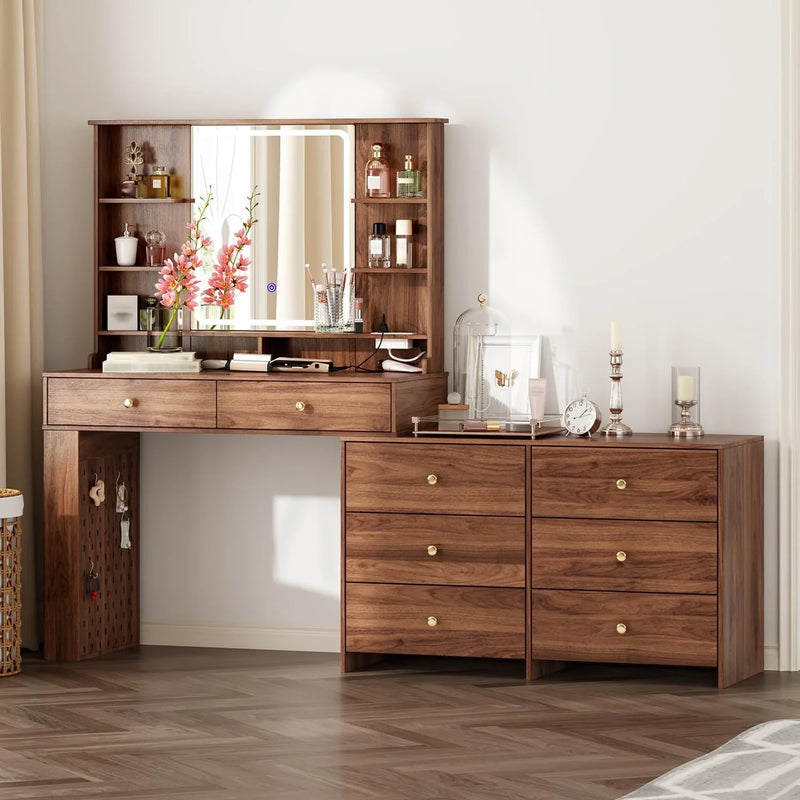 Makeup Vanity Desk with Mirror and Lights, Vanity Desk with 8 Drawers & Storage Shelves, Vanity Table with Power Outlet, 3 Color Modes & Adjustable Brightness Dressing Table, Bedroom,White2 L5247