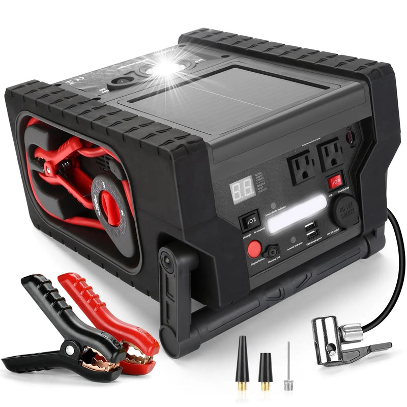 ZD-529 Solar Portable Power Station 2000 Amps Jump Starter, 260 PSI Air Compressor, 12V Car Battery Charger with 400W Inverter Dual AC/DC/USB Output, Emergency Backup Power with Flashlights X2376