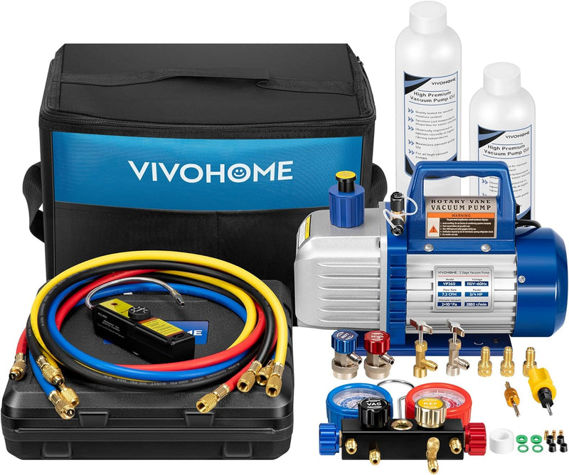 110V 1/4 HP 3.5CFM Single Stage Rotary Vane Air Vacuum Pump and AC Manifold Gauge Set Kit with Thermometer for R134a R12 R22 R502 R410a HVAC Air Conditioning Refrigeration Recharging Red O8851
