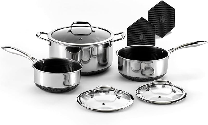 Hybrid Nonstick 6-Piece Pot Set with 2 Silicone Trivets, 2, 3, and 8-Quart Pots with Tempered Glass Lids, Stay-Cool Handles, Dishwasher-Friendly, Induction-Ready, Compatible with All Cooktops Q5422