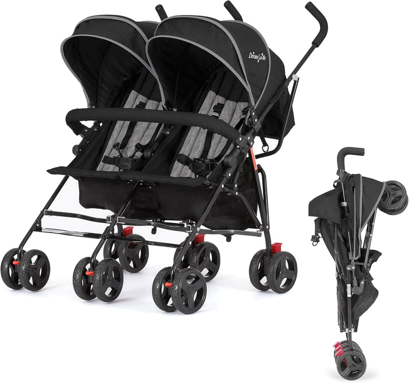 Twin Umbrella Stroller in Black, Lightweight Double Stroller for Infant & Toddler, Compact Easy Fold, Large Storage Basket, Large and Adjustable Canopy L9020