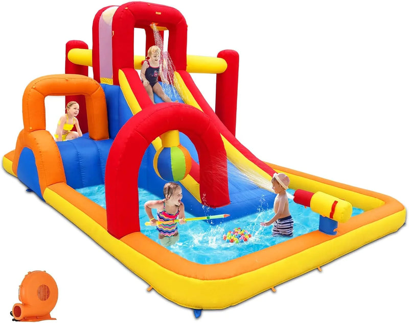 Inflatable Water Slide, 10 in 1 Water Park Bounce House with Blower, Splash Pool, 2 Slides, Water Cannon, Climbing Wall, Blow up Water Slides for Kids Outdoor Backyard A6611