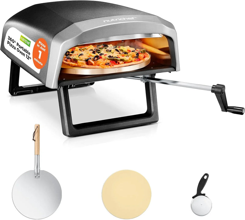 Outdoor pizza oven, equipped with 360-degree rotating pizza stone | Adjustable temperature control | Includes pizza shovel, pizza knife, stone, lid and hose | Can bake a 12-inch pizza in 60 seconds | 32.9 x 16.1 x 12.4 inches I0770