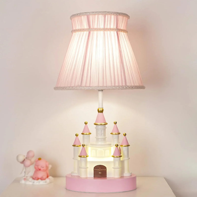 Cartoon children's table. Light pink bedside table. Princess-style cute castle-shaped resin material lamp for girls' bedroom and living room, with fabric shade cover. P2580