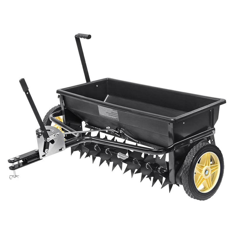 Broadcast seeder, 100-pound tractor-mounted rear polyethylene seeder with 10-inch wheels, equipped with a steel spike weeder, fertilizer spreader, garden seeder and salt spreader, suitable for residences, farms, rough terrain, and black pavement. B1754