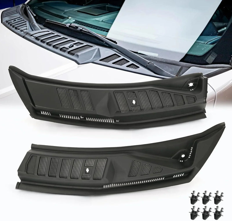 The front windshield wiper cover panel grille is compatible with the 2009 - 2014 models of F150. It features two front insert panels on both the left and right sides. U8810