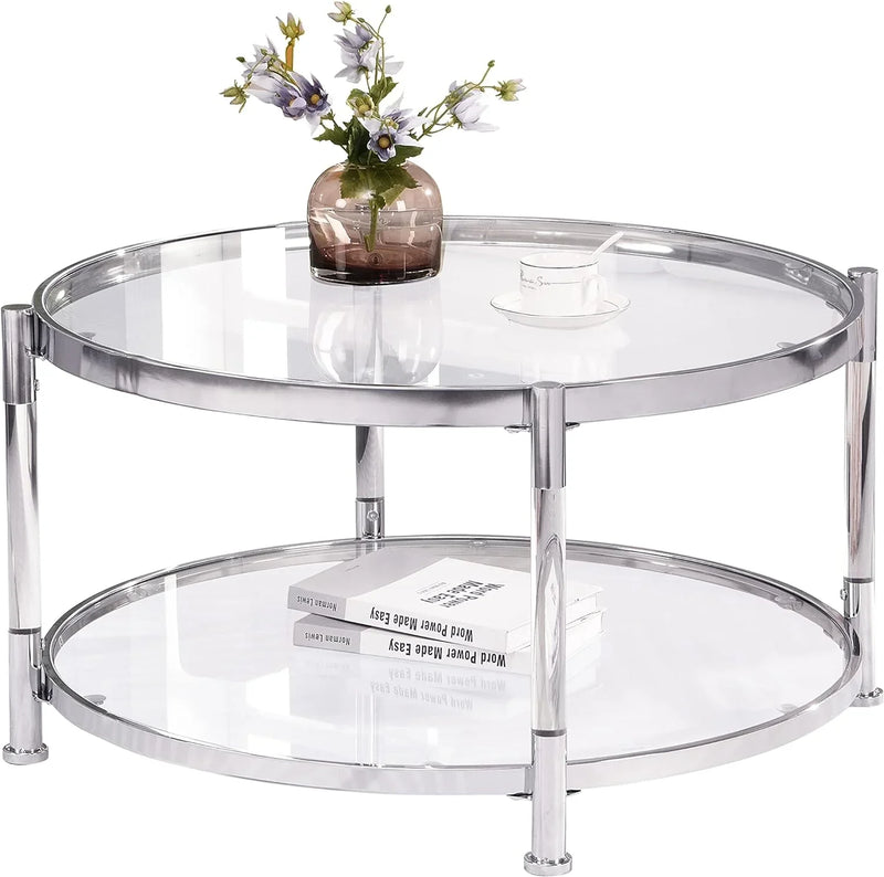 A round coffee table with a metal frame, the surface is made of chrome-plated acrylic glass. L5006