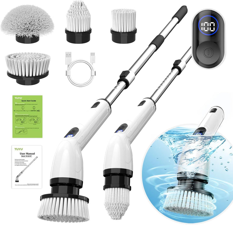 Electric Spin Scrubber, Full-Body IPX7 Waterproof Bathroom Scrubber with Power LCD Display, Adjustable Extension Handle, Cordless Shower Cleaner Brush for Bathtub Kitchen Wall Cleaning P8235