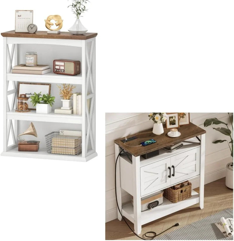 Farmhouse Sofa Table with Power Outlet-4-Tier Bookcase, 42.9" Floor Standing Organizer Shelf O7516