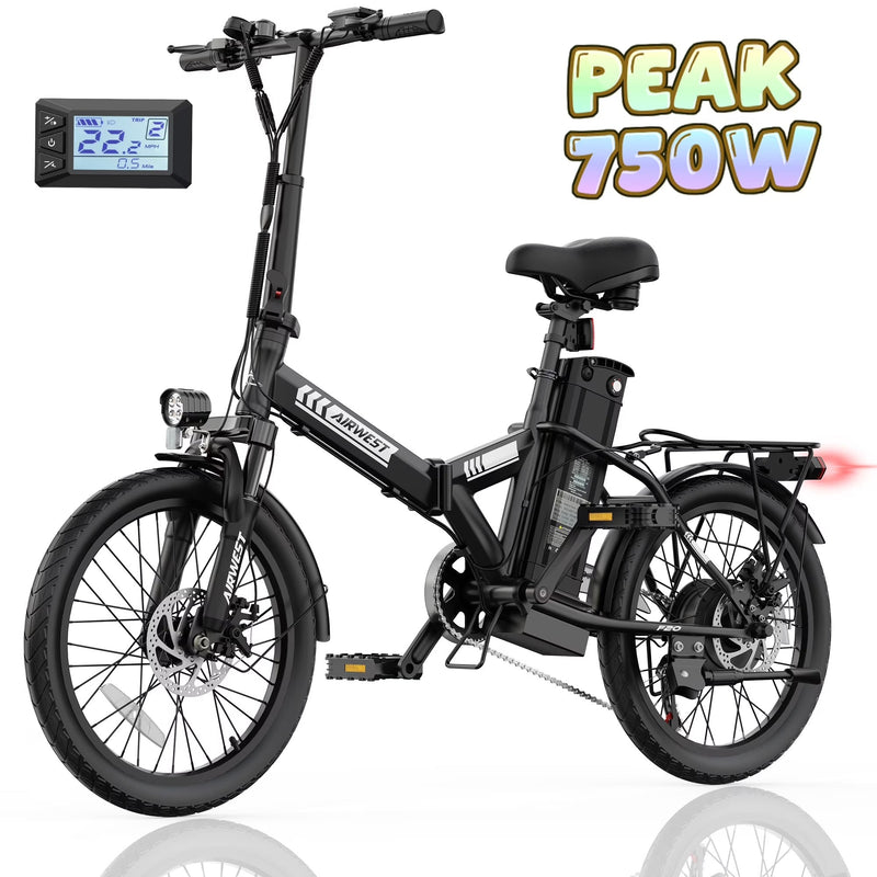 AIRWEST 20 in Foldable Electric Bike for Adults, Compact Commuter eBike with 500W Motor 750W Peak, Removable 48V 7.8Ah Battery, 50 Miles PAS... L3780