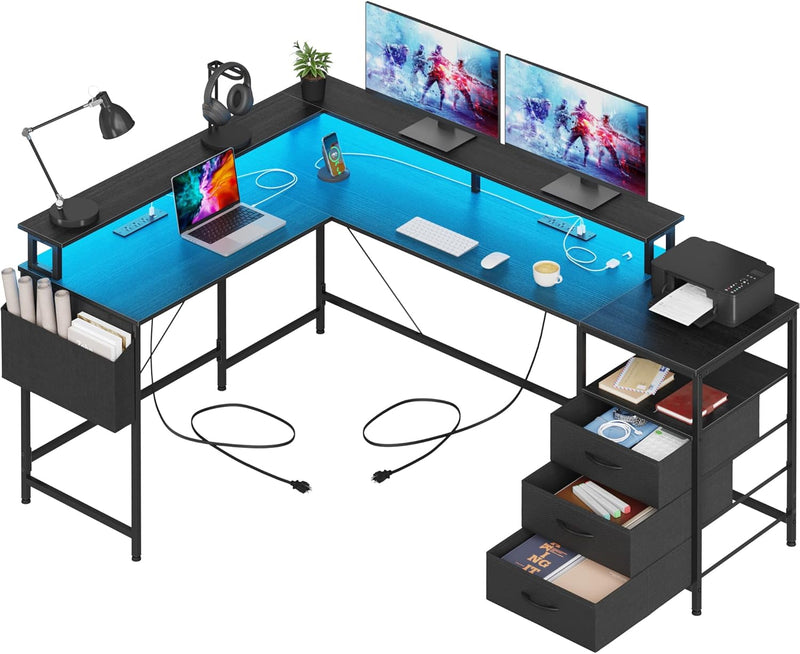 3 Drawers L Shaped Desk 63 Inch, 2 Power Strips (6 AC) and LED, Large Gaming Desk & 2 Monitor Stands, L Shape Computer Desk, Stable and Sturdy Home Office Desk, Fabric Drawers, Black N3883