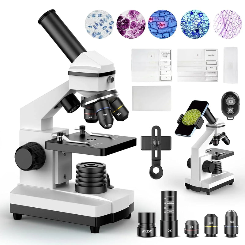 Compound Microscope for Adults & Kids - 100X-2000X High-Power Biological Microscope for Students, School Lab & Home Education, with Slides Set & Phone Adapter (White) W6445