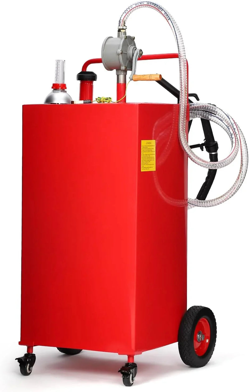 30 Gallon Fuel Caddy, Fuel Tank with Manual Transfer Pump for Gasoline & Diesel, Durable 4-Wheel Design, Mobile Fuel Storage for Cars, Trucks, Boats, Lawn Mowers, Red Y5526