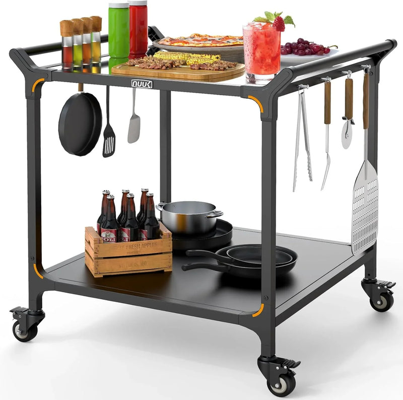 Outdoor barbecue food truck, 32" x 32" stainless steel pizza oven table, mobile barbecue kitchen food preparation cart with double-tiered shelves, suitable for garden patios U1095