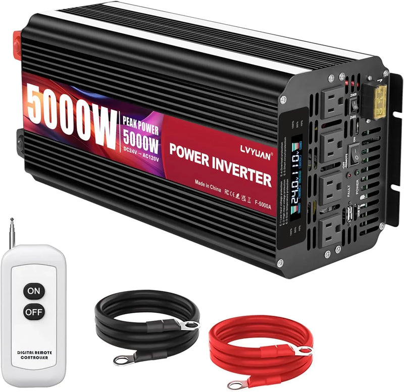 5000 Watt Power Inverter 12V to 110V 120V for Vehicle, Solar Inverter System, Heavy Duty, RV, Truck, Off Grid,Camping with 4 AC Outlets, LCD Display, Wireless Remote Control, Car Power Inverter Q4856