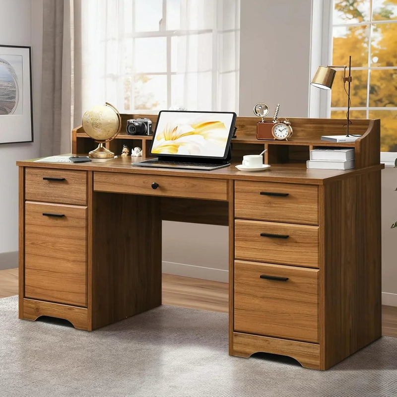 Executive Desk with Drawers, 58 Inch Desk with Storage, Wood Executive Desk with 6 Drawers, Study Desk for Bedroom, Business Furniture Desk with File Cabinet, Vintage Brown A7208