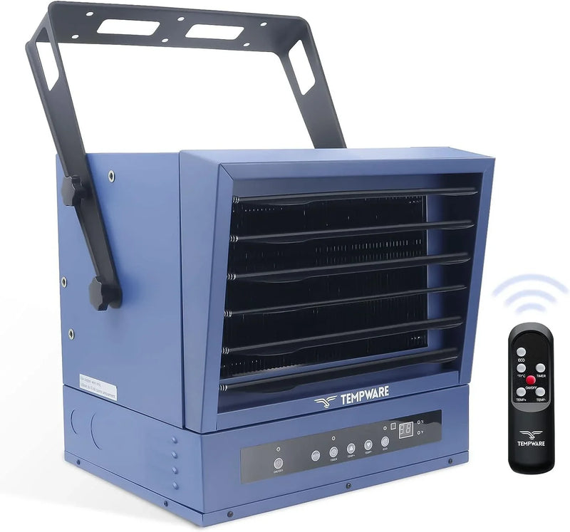 Electric vehicle garage heater, 7500-watt digital display fan-driven ceiling-mounted work area heater, featuring full-function remote control, 240-volt wired installation, with a 12-hour timer, is highly suitable for use in workplaces. P1266