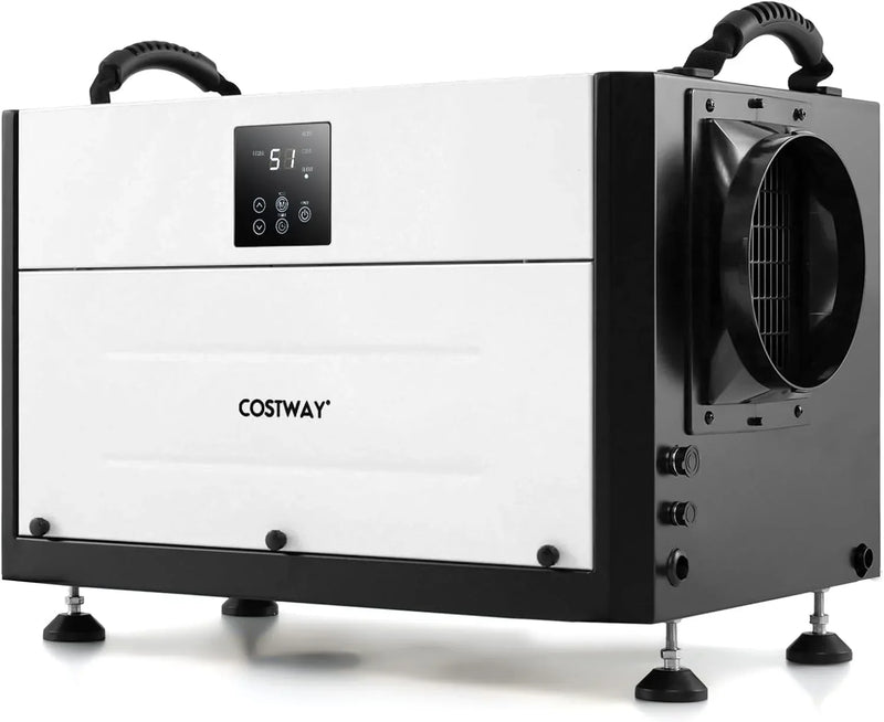 Commercial dehumidifier, suitable for 1300 square feet of basements, storage areas or work sites, equipped with a 9.8-foot drainage pipe and a wired remote control panel, white model. R6989