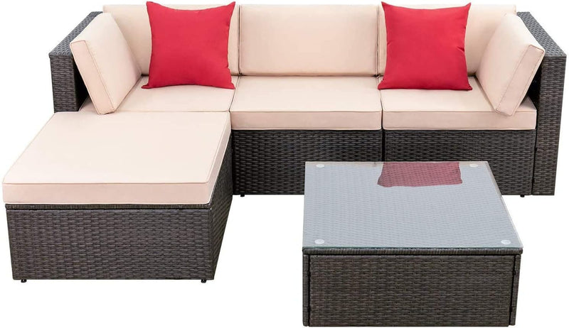 5 Pieces Patio Furniture Sets All Weather Outdoor Sectional Patio Sofa Manual Weaving Wicker Rattan Patio Seating Sofas with Cushion and Glass Table(Beige) Q1357