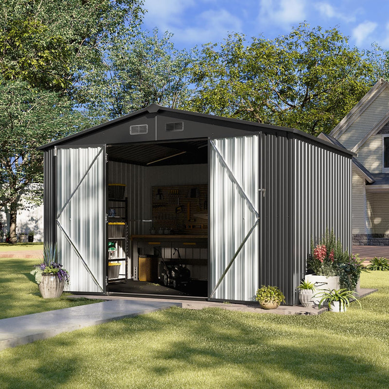 5x2.7 FT Outdoor Metal Storage Shed - Durable Water-Resistant Galvanized Steel, Sloping Roof Design, Lockable Door - Ideal for Tool Storage on Lawn, Patio & Backyard (Black) V3239
