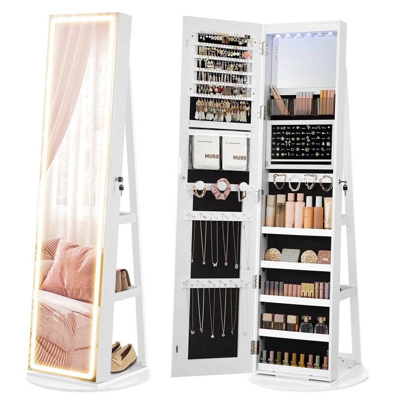 LED Mirror Jewelry Cabinet Standing Jewelry Armoire Organizer Box with Full-Length Mirror and Adjustable LED Lights White I8796