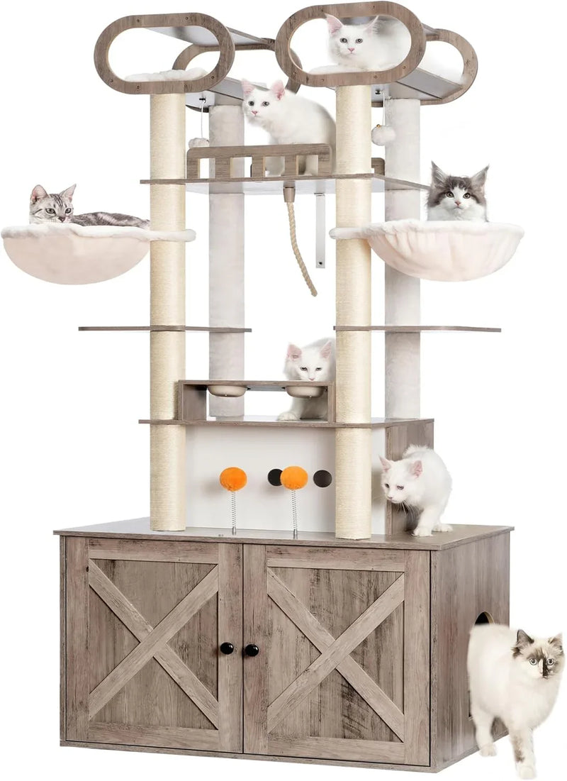 The Habori cat climbing frame with cat litter box storage box, a 76.8-inch wooden Menicos cat tower, equipped with a feeding station and a large platform, modern-style large cat apartment furniture, with a climbing column made of full T8500