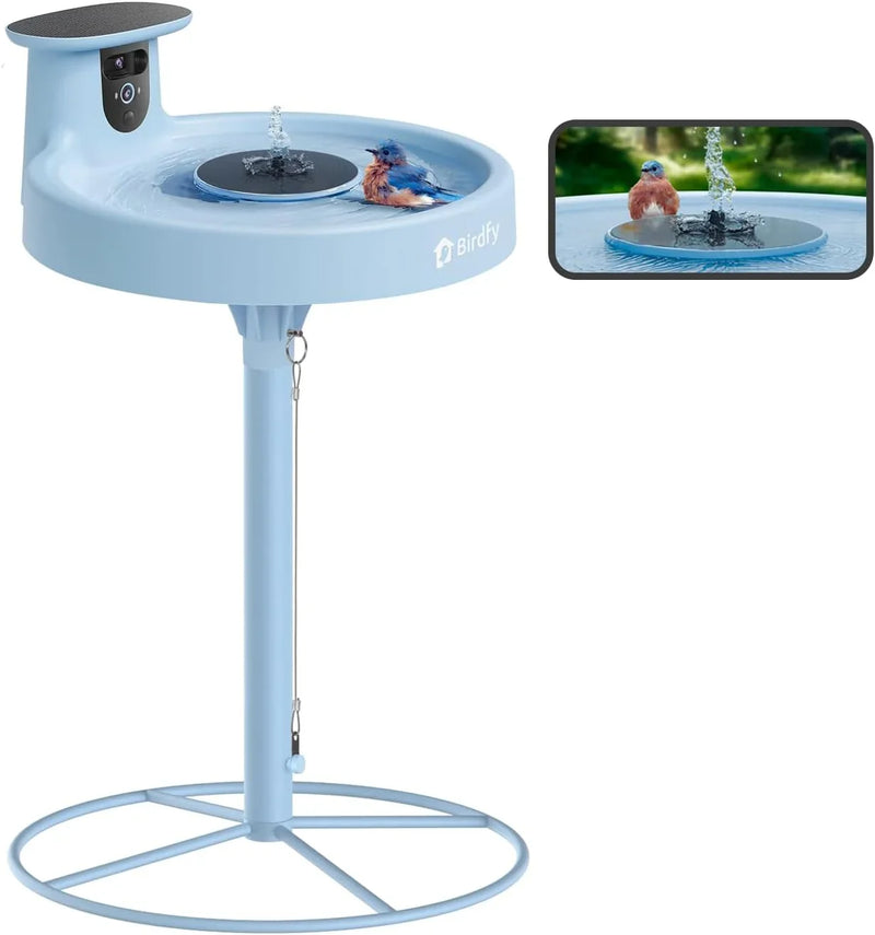Smart Bird Bath, equipped with a camera, solar power supply, fountain and stand. It features a dual-lens camera for bird observation, automatically captures bird videos and has motion detection functionality. O2855