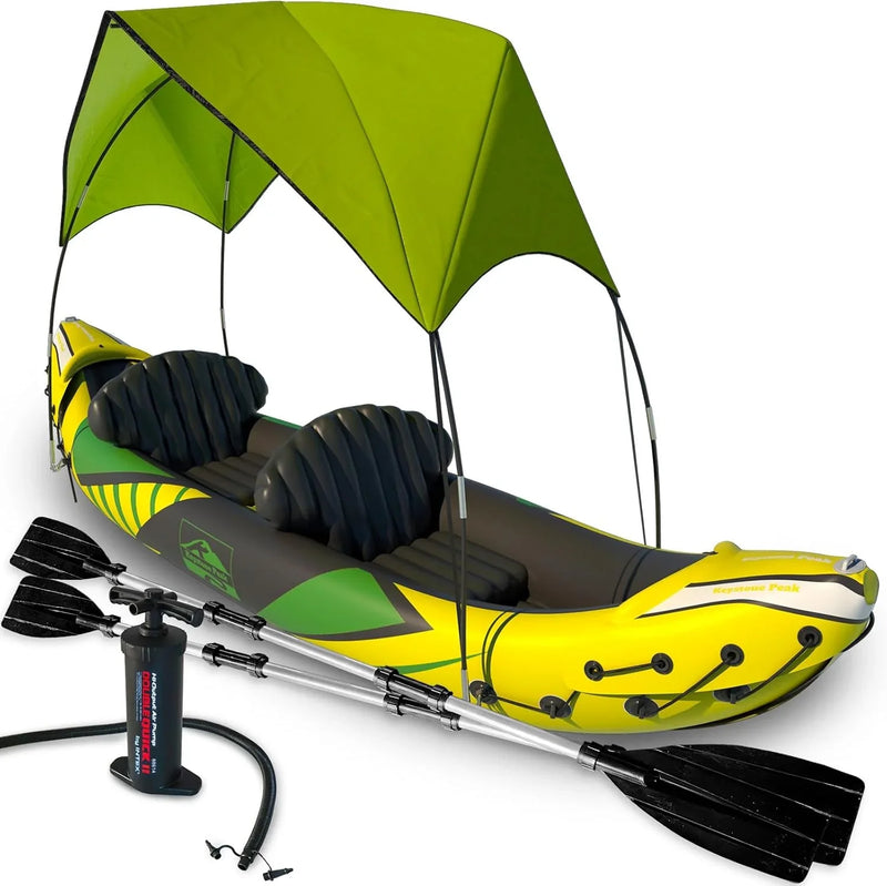 Inflatable Kayak 2 Person with Sun Canopy (Detachable) Kayaks for Adults 3rd Seat for Dog/Child Waterproof Phone Bags Adjustable Seats Kayak Backrests & More New 2024 Yellow Green A7104