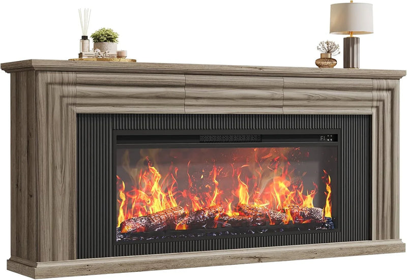 75-inch wall-mounted TV cabinet, rustic modern entertainment center with fireplace, 70-inch media cabinet with 3 drawers, featuring a recessed design, suitable for the living room, black version J4162