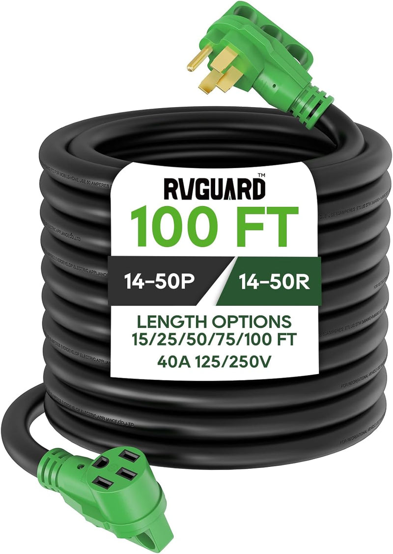 40 Amp 100 Foot RV/EV Extension Cord, NEMA 14-50P/R Heavy Duty Extension Cord with LED Power Indicator and Cord Organizer, Green V6434