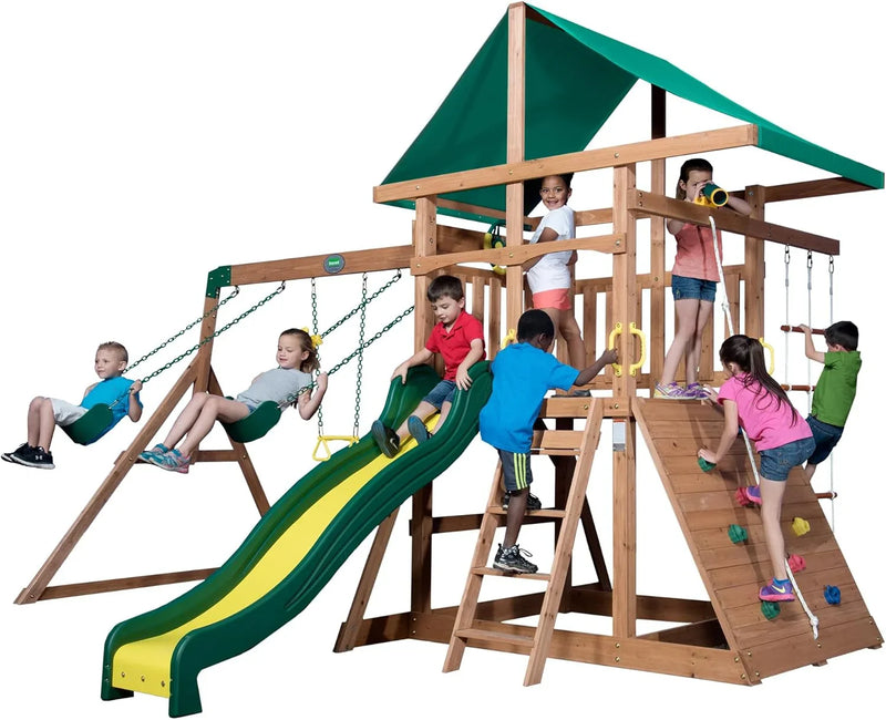 Cedar Wood Swing Set with Wave Slide, Play Deck, Double Rock Wall, Rope Ladder, Web Swing, Belt Swings, Toy Telescope, Steering Wheel, Sandbox Area, Outdoor Playset A0614
