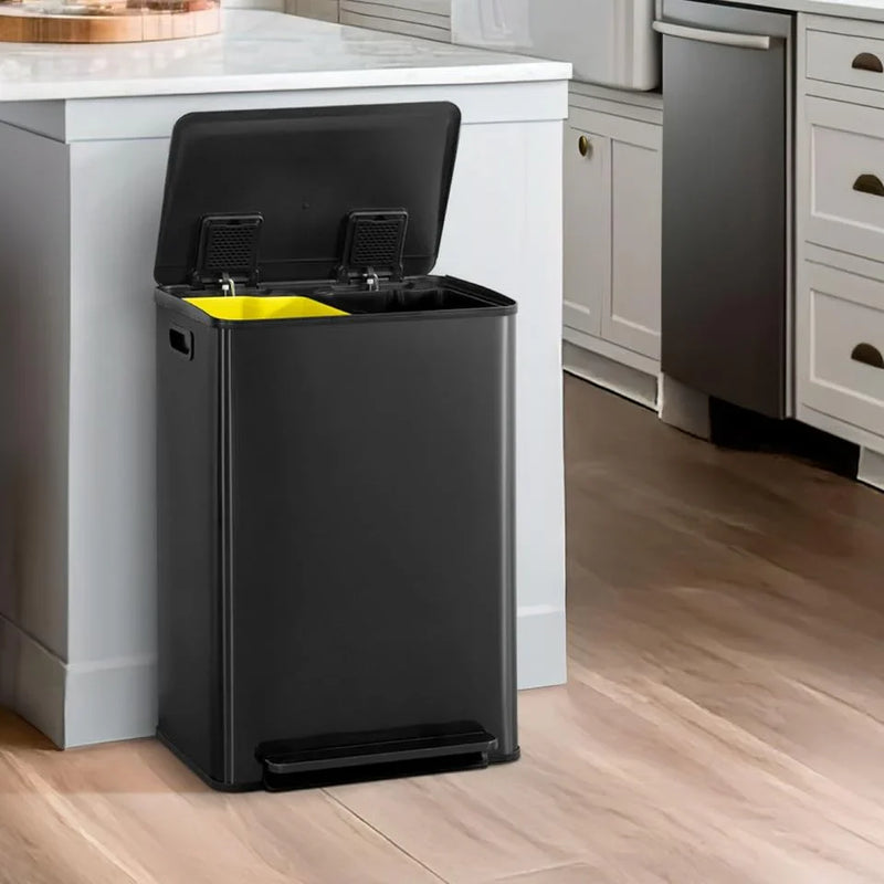 CAPHAUS Dual Trash Can with Double Lid, Trash and Recycle Bins Combo, Hands-free Stainless-Steel Garbage Can for Kitchen, with 2 Compartment, Hinged Lid, Odor Filters, Handles, 25L 25L, 2 x 6.6 Gallon C2614
