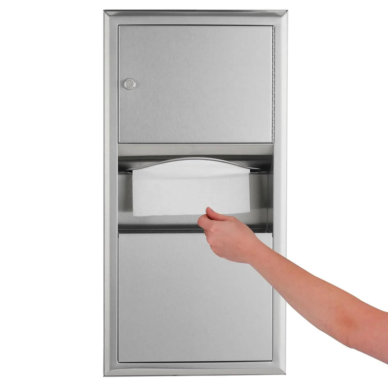 Wall-mounted tissue dispenser and waste paper storage box. Mirror-polished stainless steel material. 2-gallon capacity. Can hold 350 single-layer or 475 multi-layer tissues. Easy to install. Suitable for commercial bathrooms. G5692
