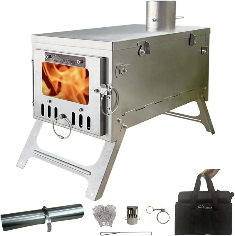 Titanium alloy tent wood stove for camping, 2 kilograms, foldable, lightweight and compact portable heat tent stove, comes with a 2.2-meter chimney, suitable for winter backpacking camping. U5330