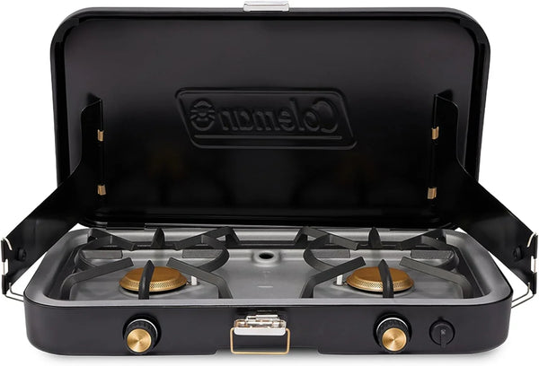 The 1900 series three-in-one propane camping stove, featuring a cast iron grill and frying pan accessories, has a power output of 24000 watts. It is equipped with an adjustable flame cover and excellent lighting device, and comes with two adjustable M5199