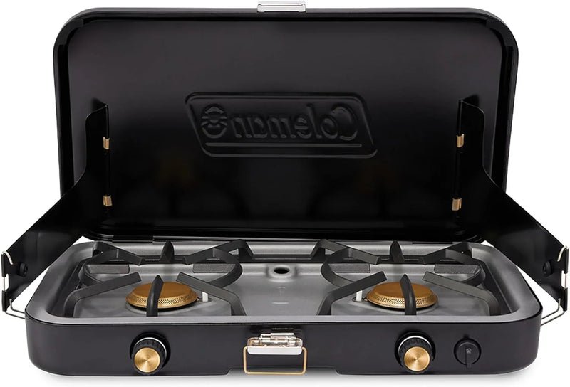 The 1900 series three-in-one propane camping stove, featuring a cast iron grill and frying pan accessories, has a power output of 24000 watts. It is equipped with an adjustable flame cover and excellent lighting device, and comes with two adjustable M5199