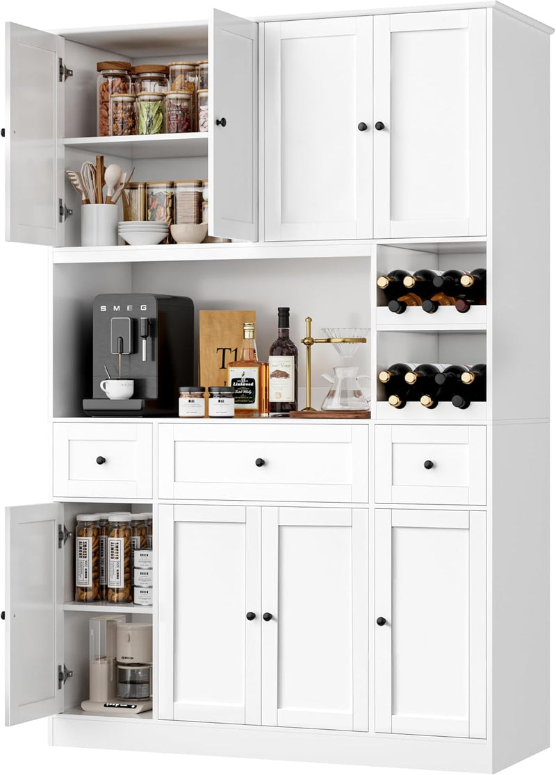72" Tall Kitchen Pantry with Wine Rack, Pantry Cabinet with Microwave Stand, Large Hutch with Ample Storage, Hutch Cabinet for Kitchen, Dining, Living Room, White B6546